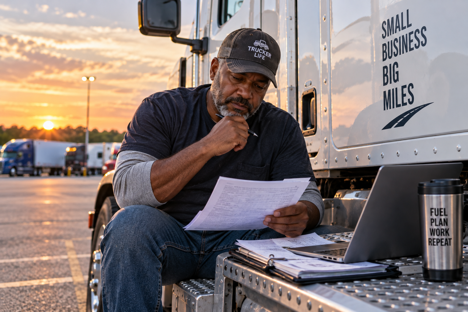 Truck driver reviewing bookkeeping records and business paperwork