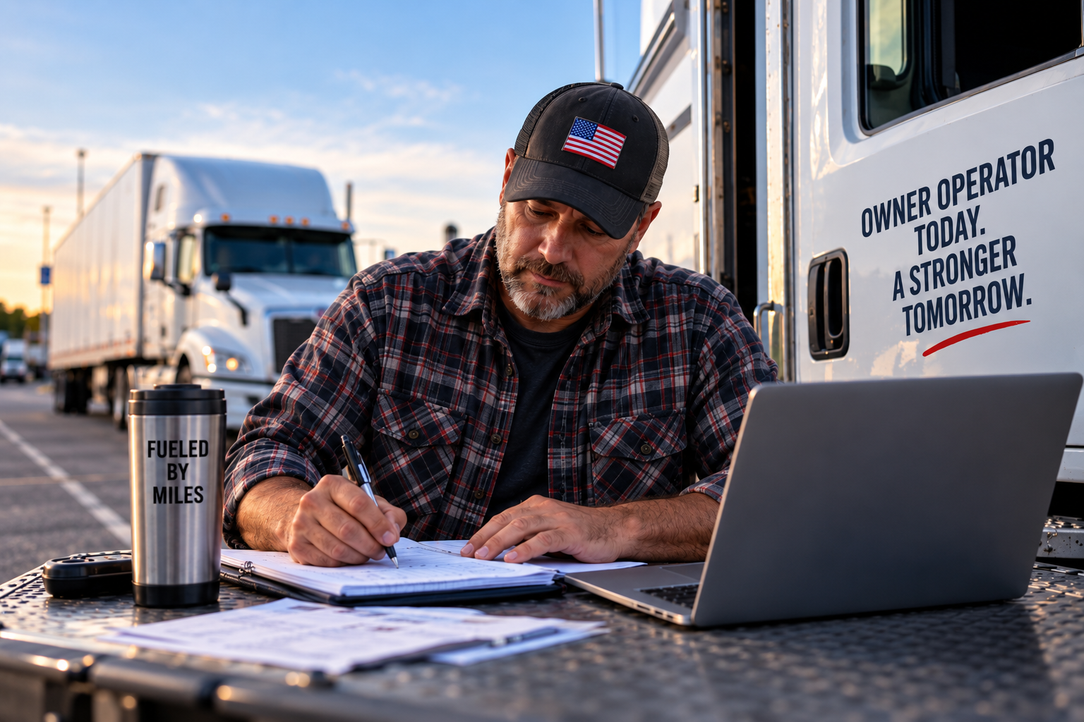 Owner-operator reviewing business paperwork beside a semi truck